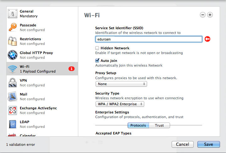 Apple Configurator showing the Wi-Fi payload tab