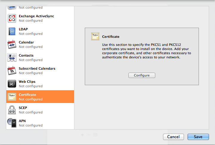 Apple Configurator showing the Certificate tab