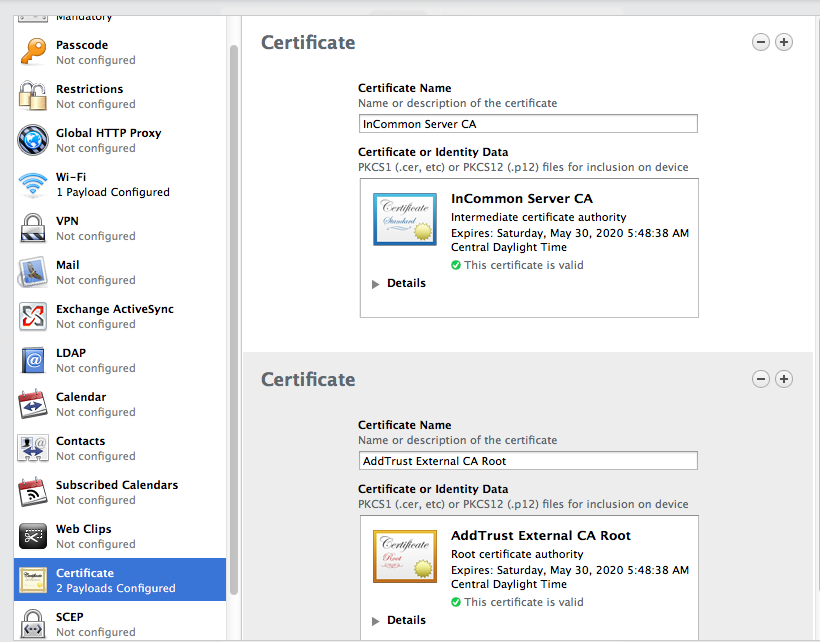 Apple Configurator showing the certificates