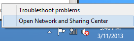 right-click the status icon to reveal "open network and sharing center"
