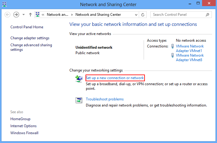 network and sharing center and option to "set up new connection or network"