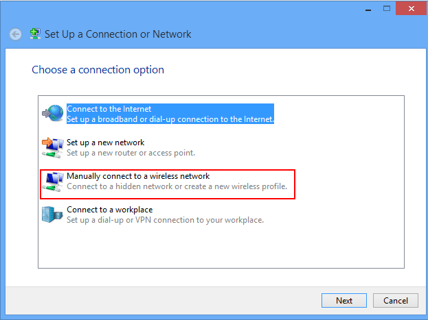 the network setup and "manually connect to a wireless network" option