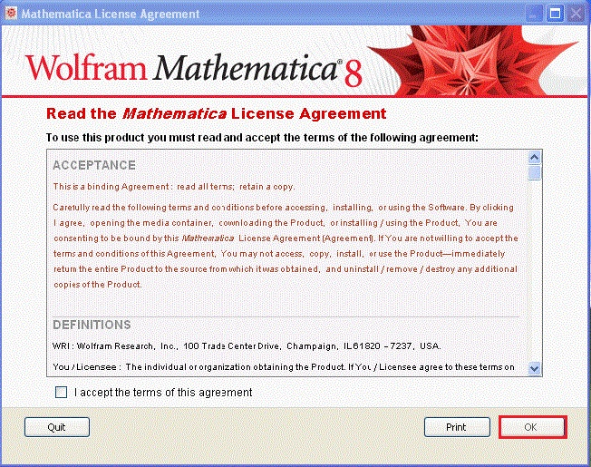 Mathematica 8 License Agreement with ok highlighted