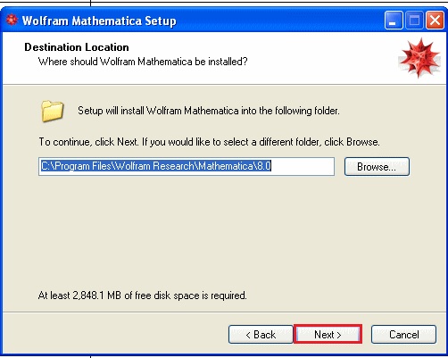 screenshot of mathematica 8 install with next highlighted
