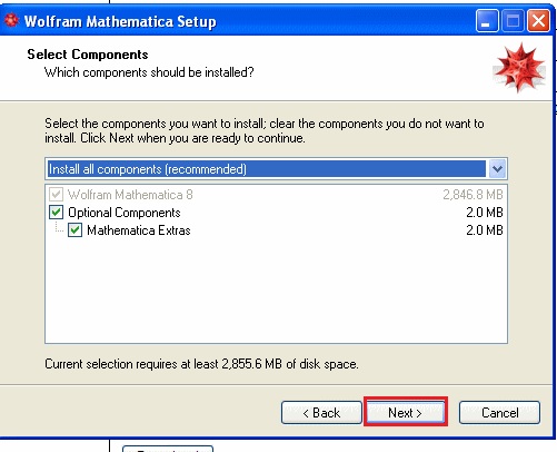 screenshot of mathematica 8 components setup with next highlighted