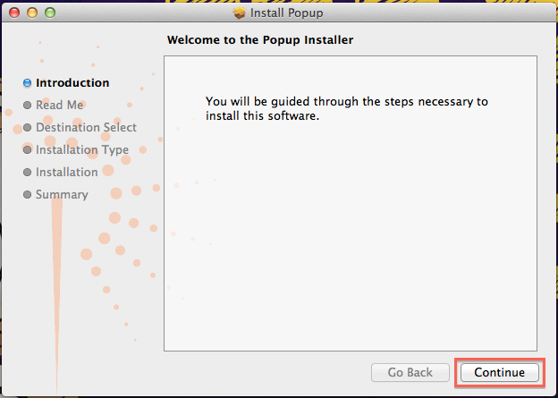 Welcome screen on the installation wizard