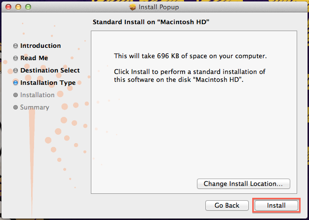 Standard install screen on the installation wizard