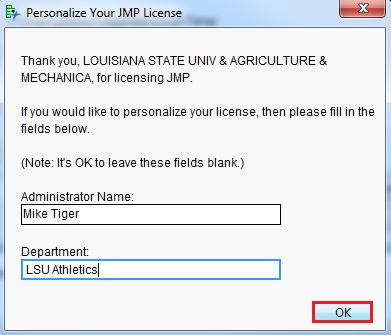 the personalize your JMP License window
