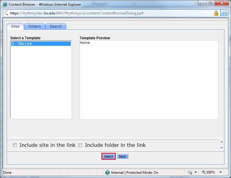 Selecting landing page with select button highlighted