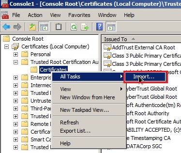 Certificates folder at the left, with All Tasks selected from its right click context menu, with Import option highlighted