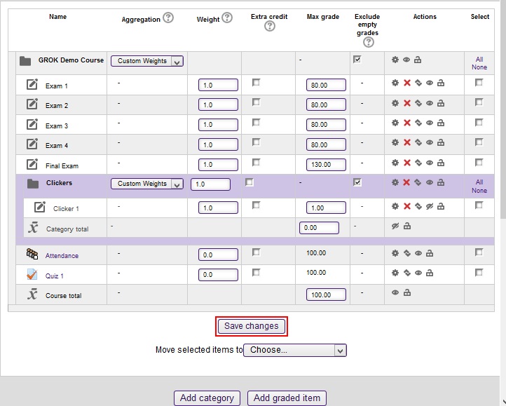 weights for categories and items