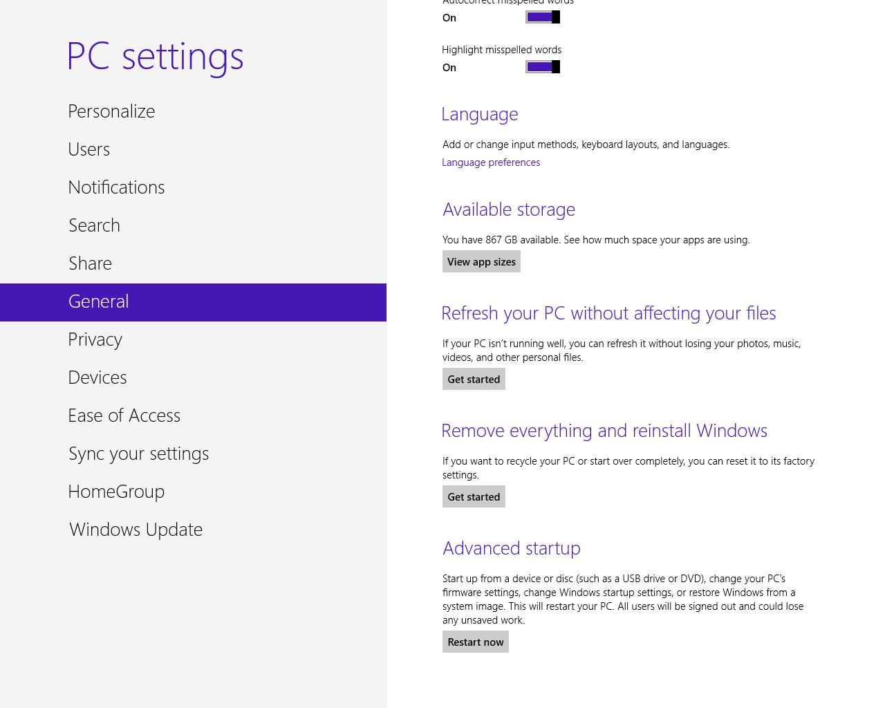 PC Settings menu