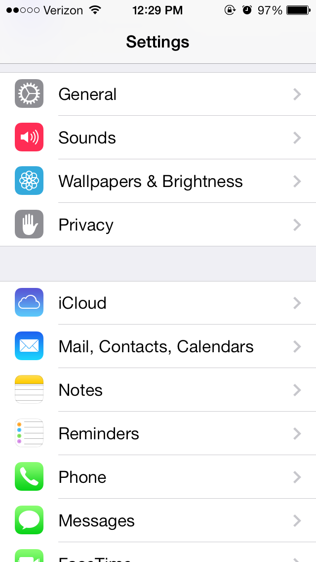 The IOS7 Settings Menu