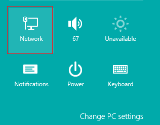 Settings Selection Windows 8 with network highlighted at the top left of the selection screen.