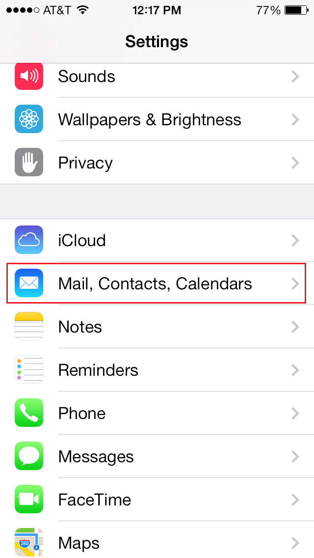 iPhone with Mail, contacts, and calendars selected in the middle of the dropdown list