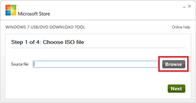 Windows 7 USB DVD download tool with browse highlighted