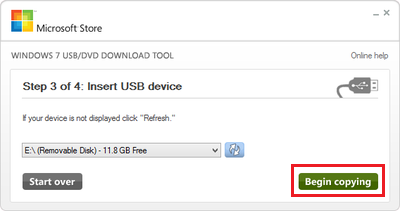 Windows 7 USB DVD download tool with begin copying highlighted at the corner of the screen