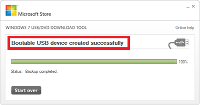 Windows 7 USB DVD download tool with the Bootable USB device created successfully.
