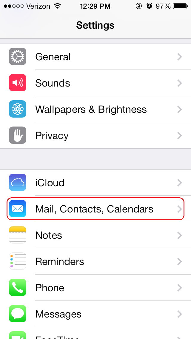 settings menu with the Mail, Contacts, Calendars option boxed in red.