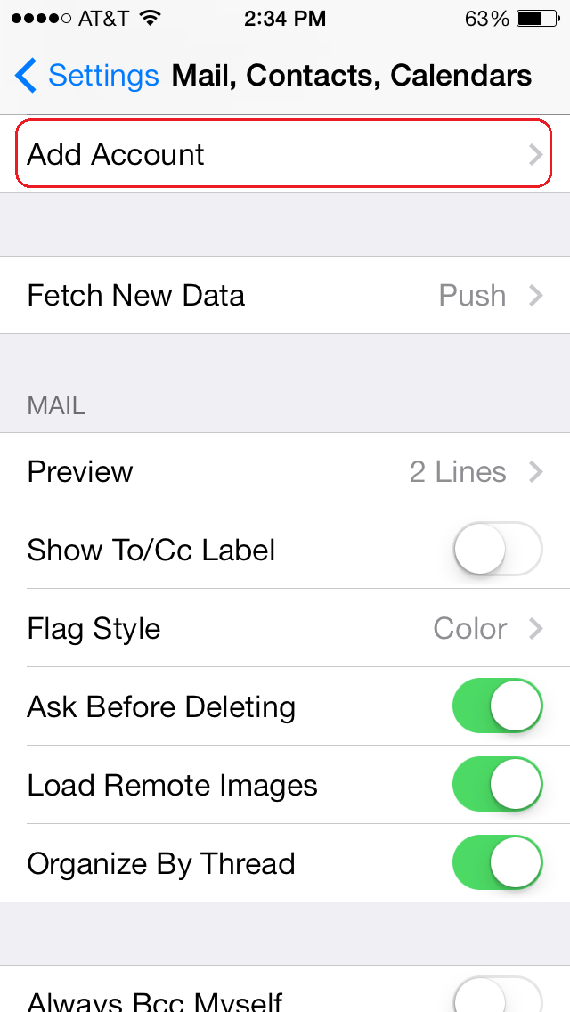 mail, contacts, calendars menu page with the add accont option boxed in red.