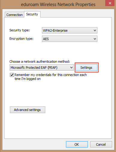security tab and settings tab located in the middle of the window