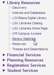 Renew Material highlighted from Library Resources tab at the left hand side of the screen
