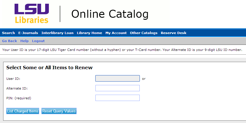 LSU libraries online catalog renew materials window