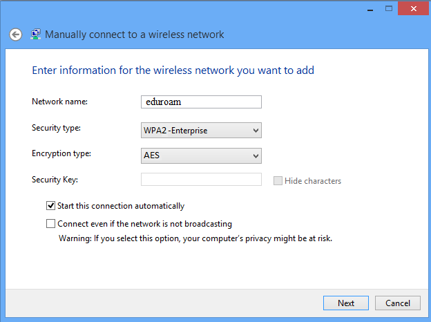 manual network set up window to enter the network information.
