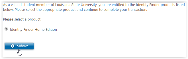 selecting a product for Identity Finder with submit highlighted