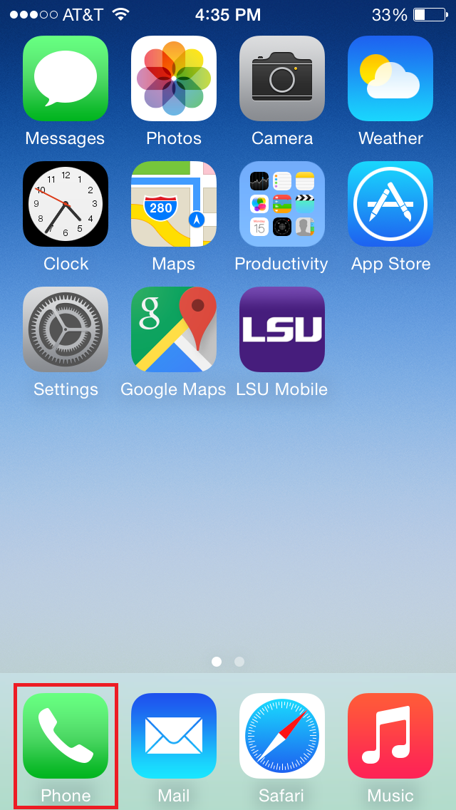 Phone application icon highlighted on the iPhone homescreen.