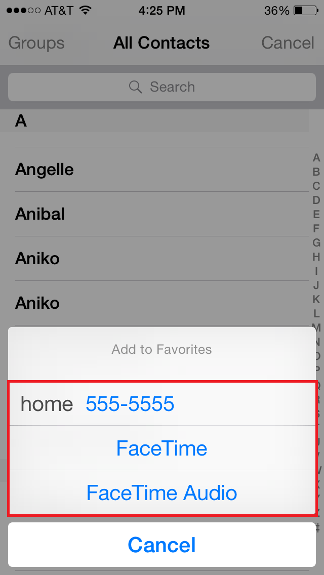 Add to favorites option window where you choose what form of contact you wish to add to favorites. Contact option may include: home number, cell number, facetime, facetime audio