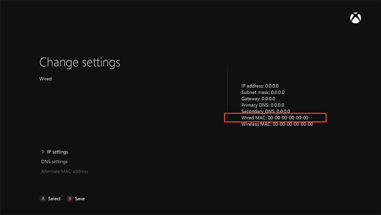  the wired MAC address on Xbox One