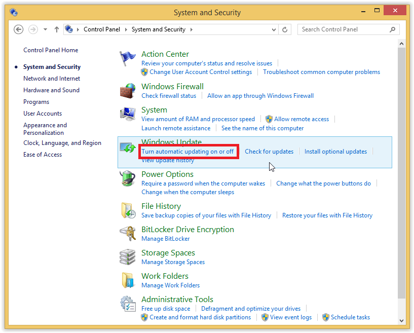 System and Security window with Turn automatic updating on or off highlighted