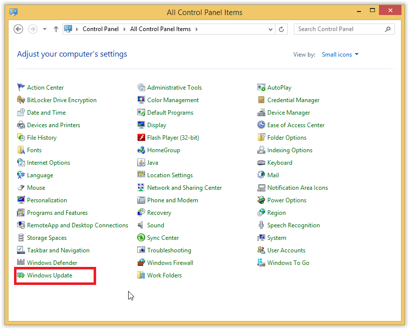Small icons window of Control Panel with Windows Update highlighted