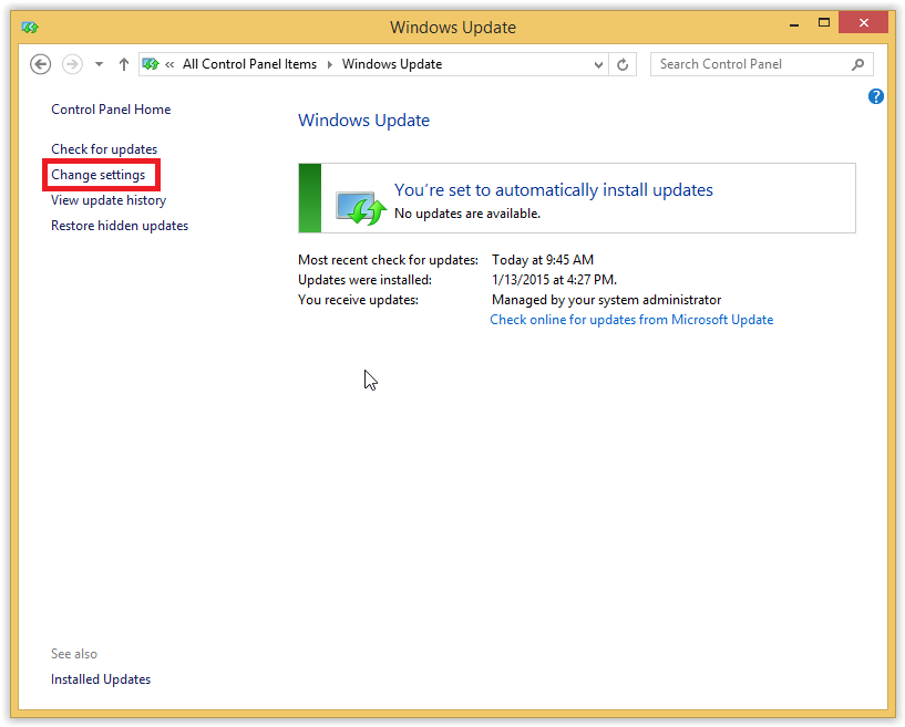 Windows update window with Change settings highlighted