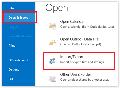 Outlook 2013 open & export tab