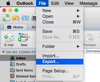 Outlook File drop down menu with Export selected