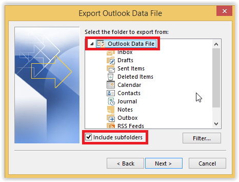 'Select folder to export from' screen