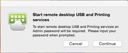 screenshot of the Start remote desktop USB and Printing services.