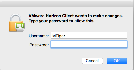 screenshot of the VMware Horizon Client wants to make changes; type your password to allow this.
