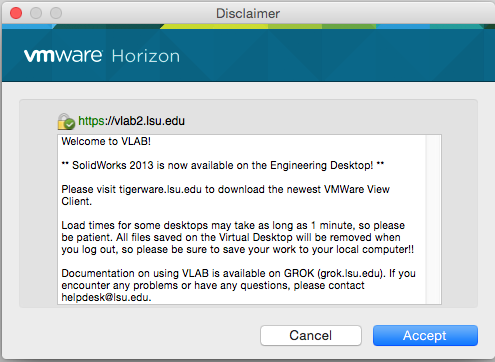 screenshot of the vmware Horizon Terms of Use.  Click Accept.