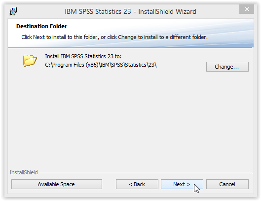 SPSS Statistics 23 Install Wizard Destination Folder Window