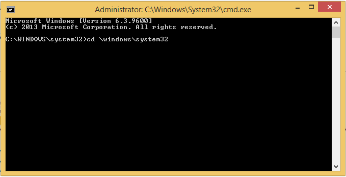 screenshot of   Windows 8.1 - Command Prompt: cd \windows\system32