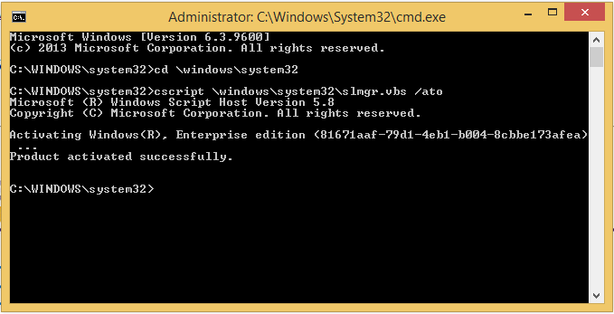 screenshot of  Windows 8.1 - Command Prompt: cscript