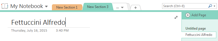 title entered at the top and page name in tab at the right