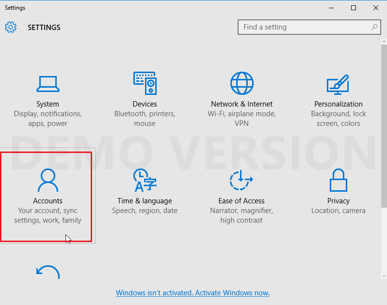 the settings screen with accounts highlighted.