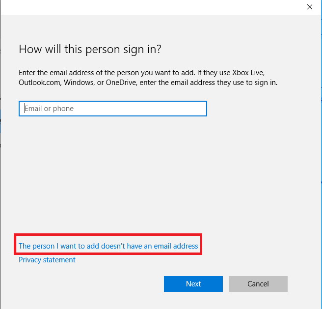 user creation screen with "The person I want to add doesn't have an email address" highlighted.