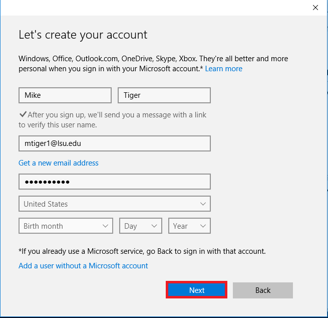 information required to create a new user.