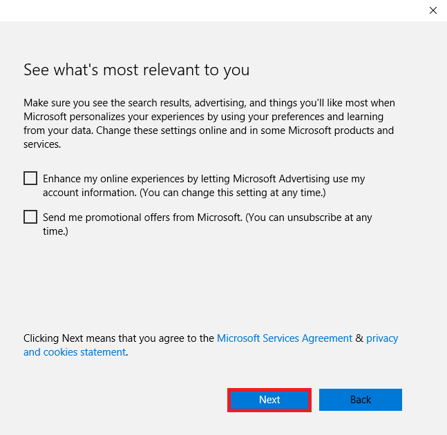 "What's most relevant for you" screen with Next highlighted.