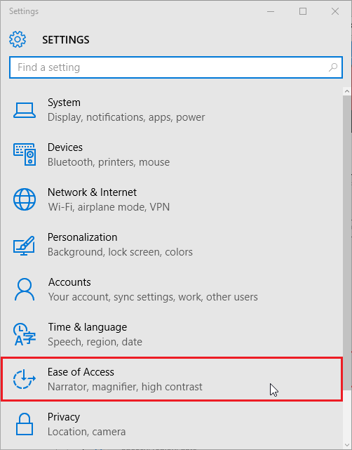 ease of access option in the settings menu.